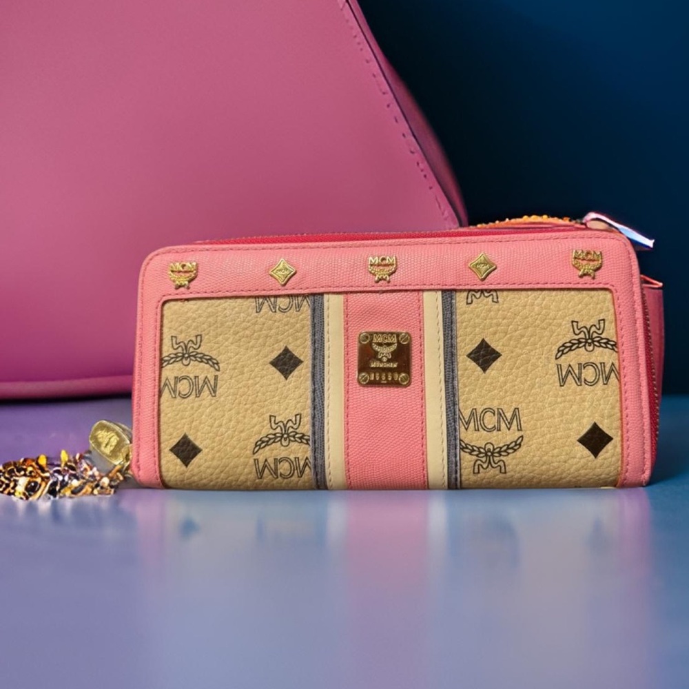 AUTHENTIC MCM PINK TRIMMED MONOGRAM LONG ZIPPER WALLET